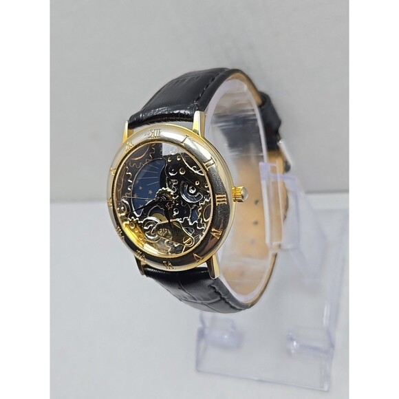 Futura Sun Moon Skeleton Dial Quartz Watch Womens Black New Battery Gold Tone - Picture 2 of 12